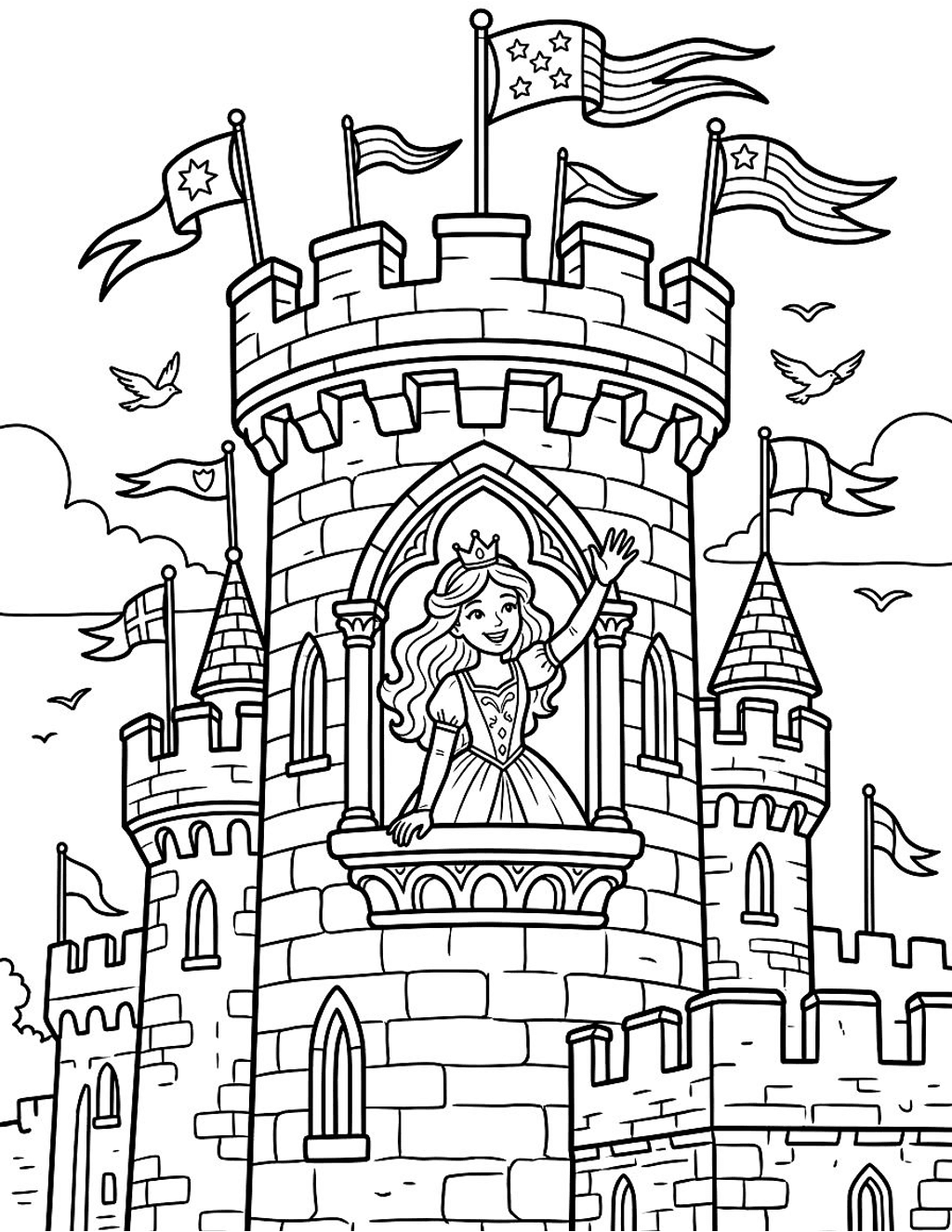 Princess at the castle window coloring page for kids