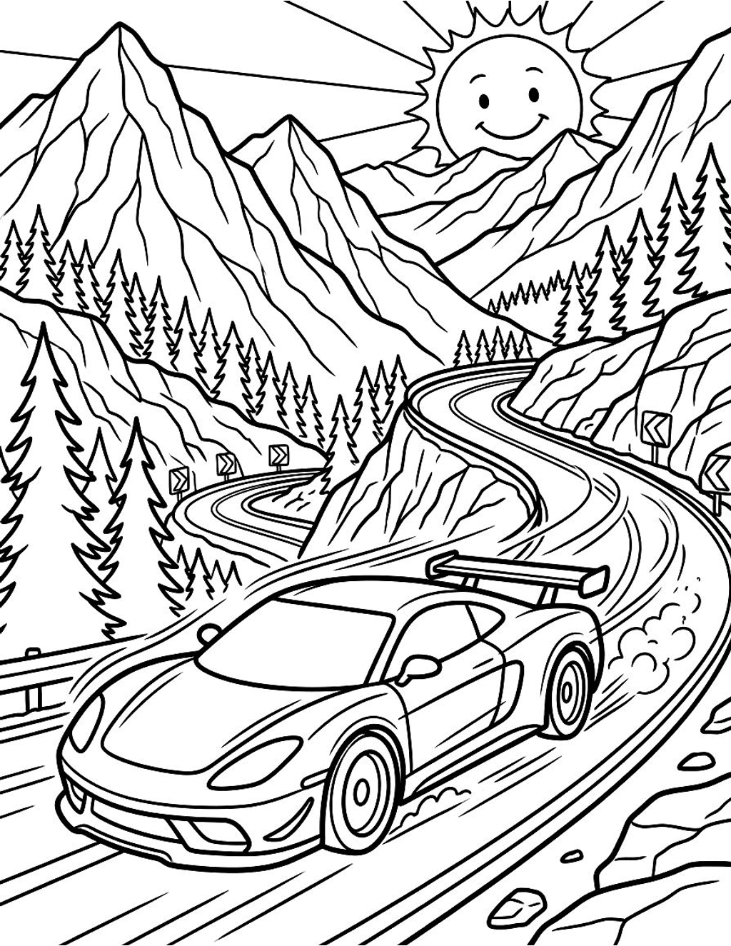 Race car zooming through mountains coloring page for kids