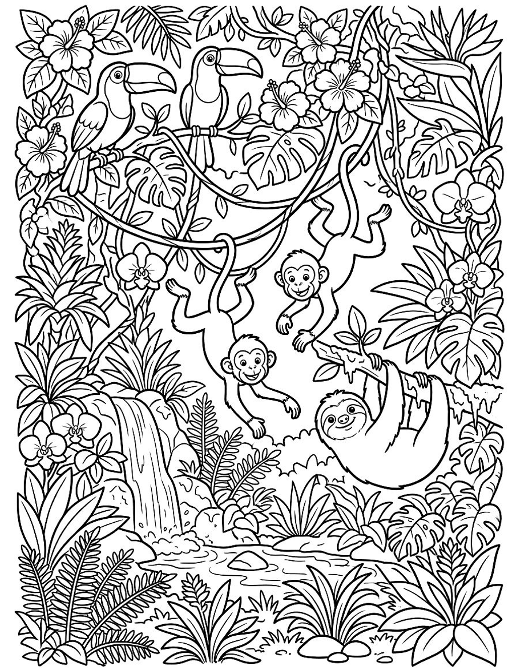 Rainforest toucans and monkeys coloring page for kids