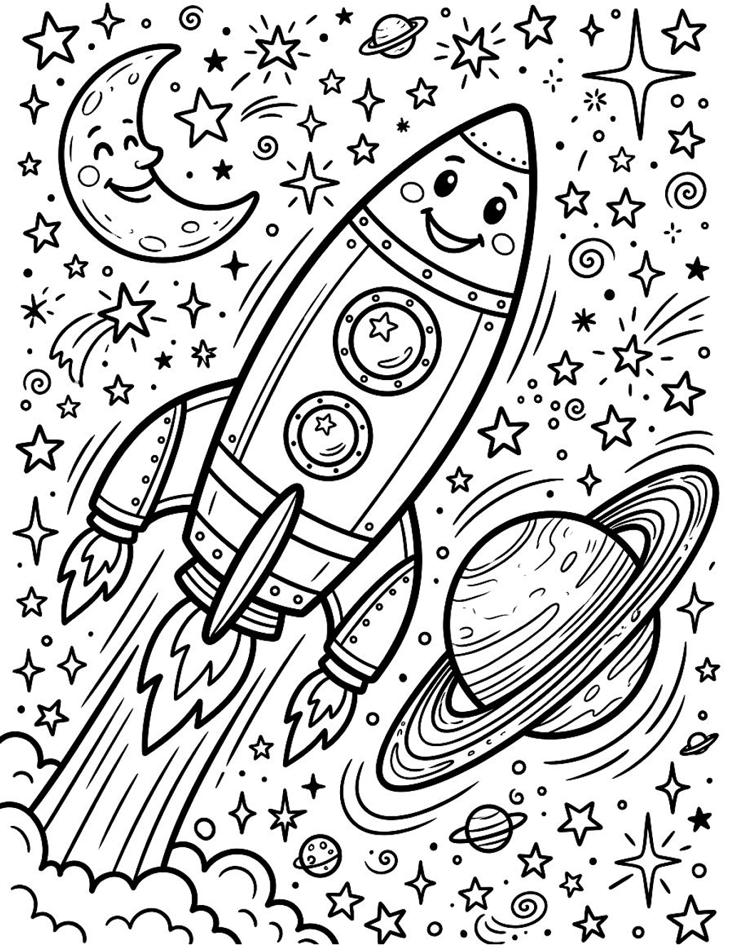 Rocket past the planets coloring page for kids