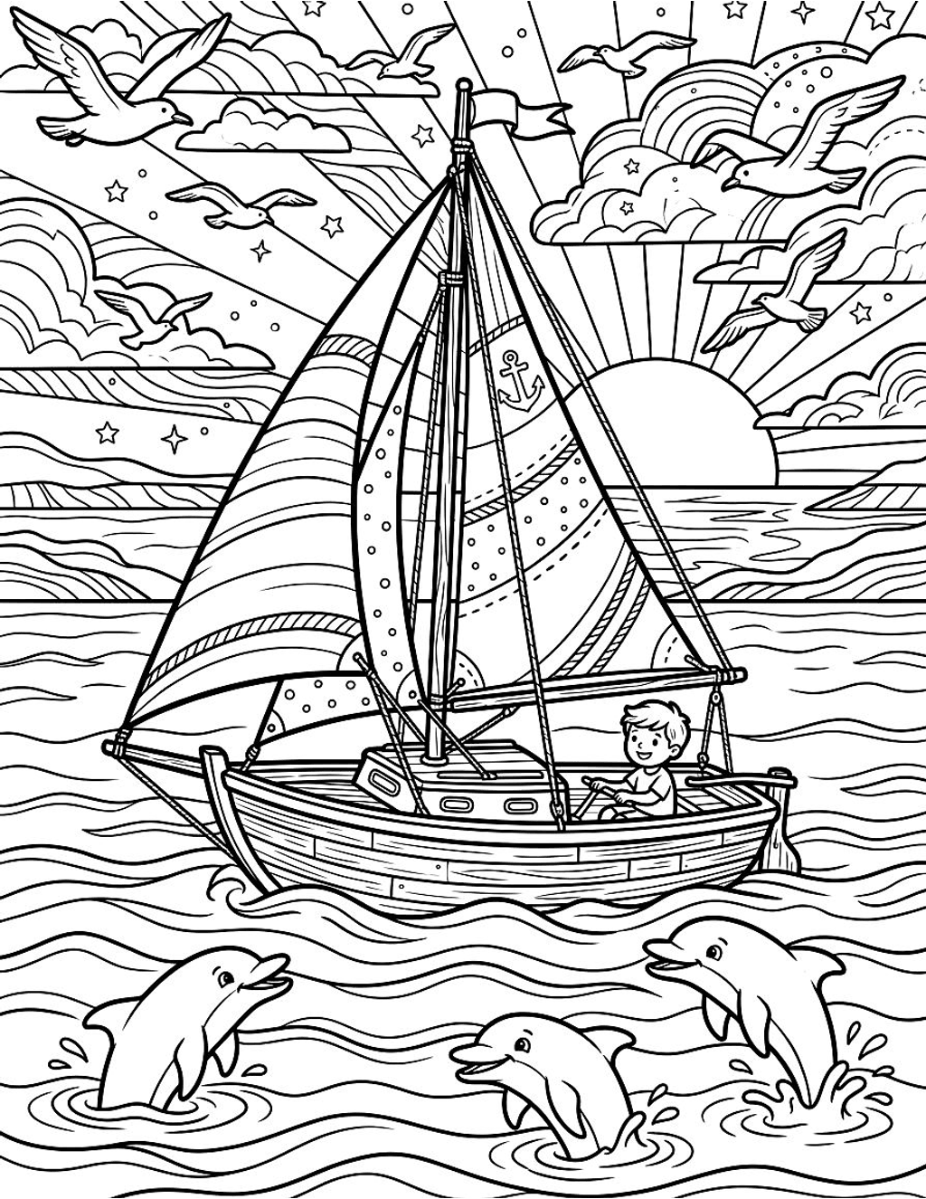 Sailboat at sunset coloring page for kids