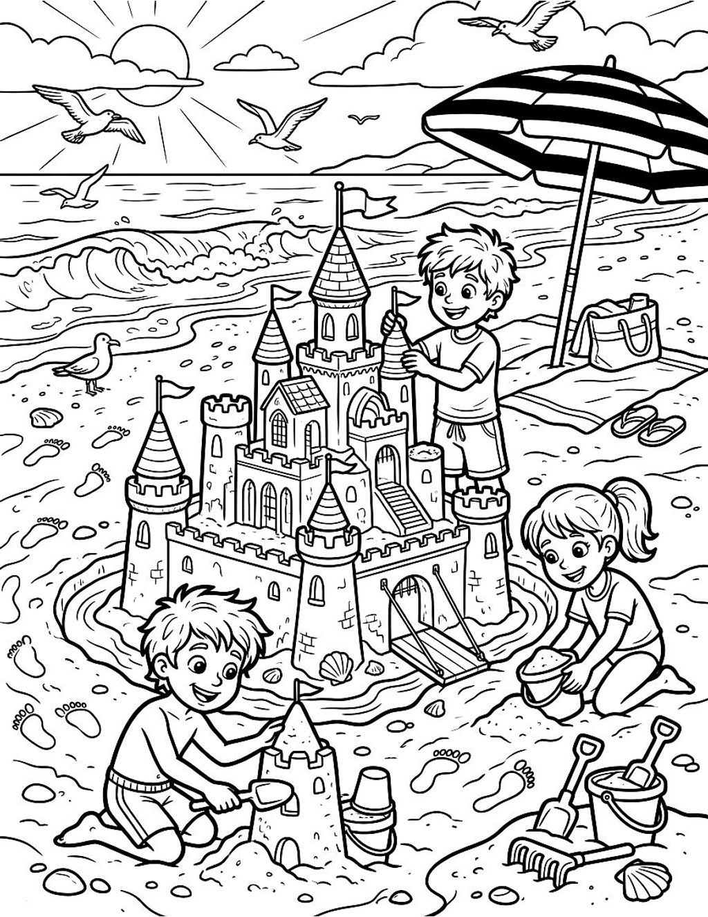Sandcastle on the beach coloring page for kids