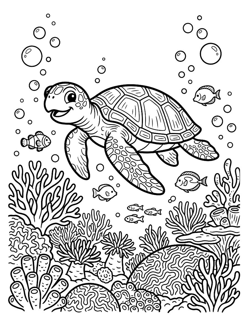Sea turtle on a coral reef coloring page for kids