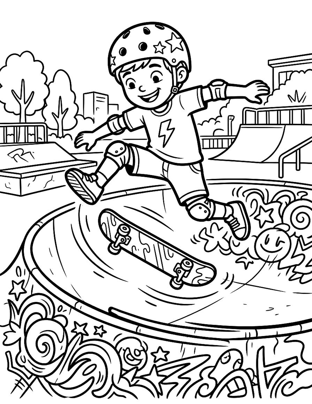 Skate park tricks coloring page for kids