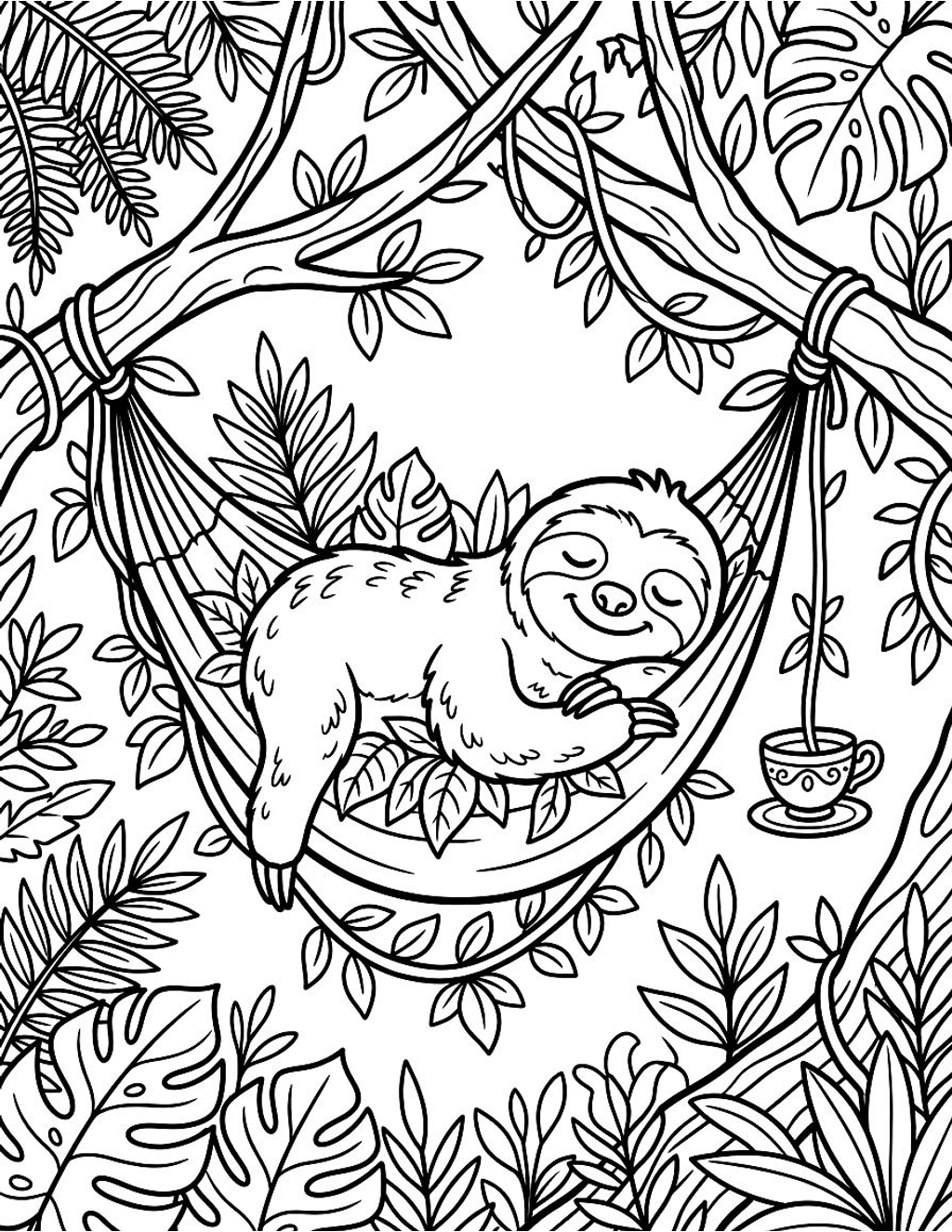 Sloth in a hammock coloring page for kids