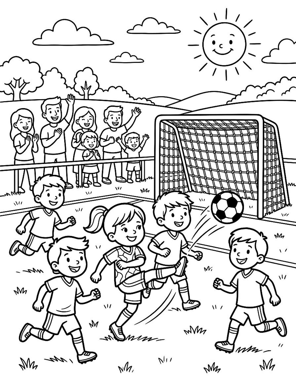 Soccer match coloring page for kids