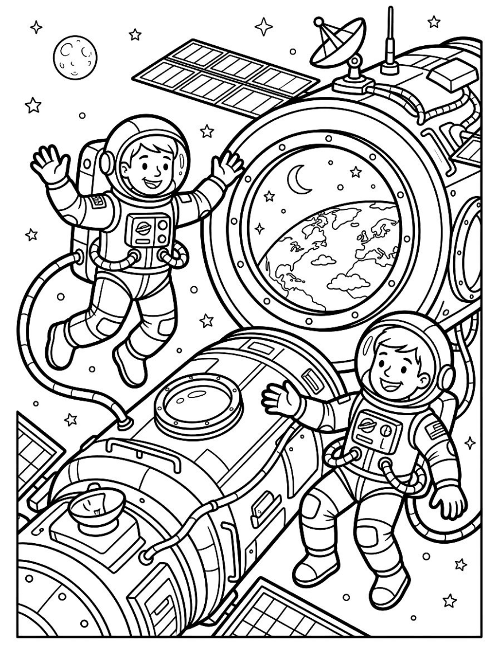 Space station adventure coloring page for kids