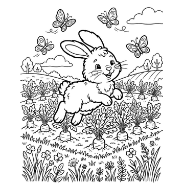 Bunny in a carrot patch coloring page for kids
