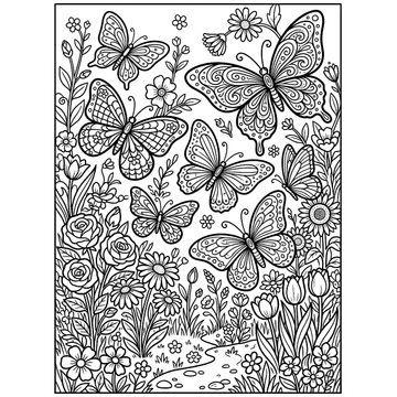 Butterfly garden coloring page for kids
