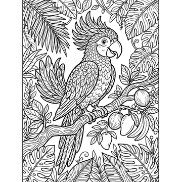 Colorful parrot in the jungle coloring page for kids