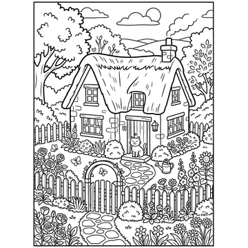 Cozy cottage garden coloring page for kids