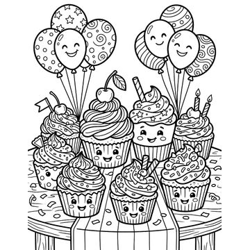 Cupcake party coloring page for kids