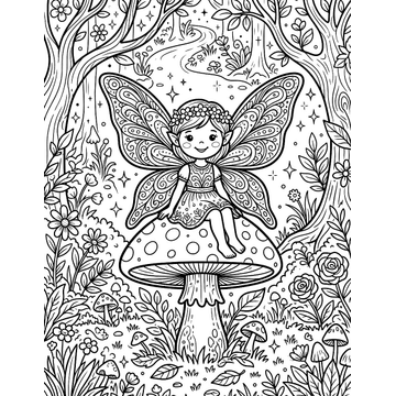 Fairy on a toadstool coloring page for kids