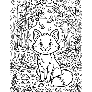 Fox in an autumn forest coloring page for kids