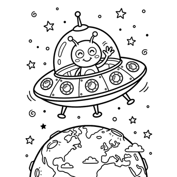Friendly alien and UFO coloring page for kids