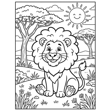 Friendly lion on the savanna coloring page for kids