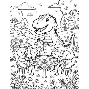 Friendly T-Rex tea party coloring page for kids