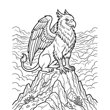 Griffin on a mountain peak coloring page for kids