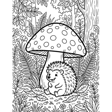 Hedgehog under a mushroom coloring page for kids