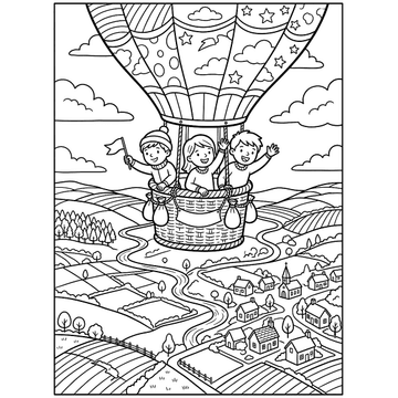 Hot air balloon adventure coloring page for kids