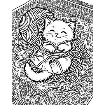 Kitten tangled in yarn coloring page for kids