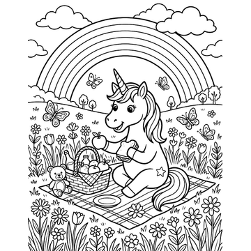Magical unicorn picnic coloring page for kids