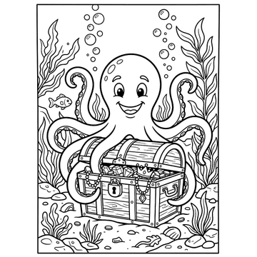 Octopus guarding treasure coloring page for kids