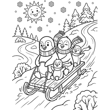 Penguin family sledding coloring page for kids