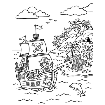 Pirate ship and treasure island coloring page for kids