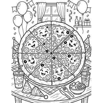 Pizza party coloring page for kids