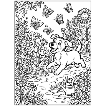 Playful puppy in a flower garden coloring page for kids
