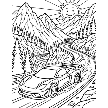 Race car zooming through mountains coloring page for kids