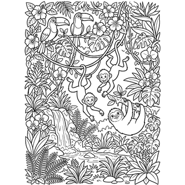 Rainforest toucans and monkeys coloring page for kids