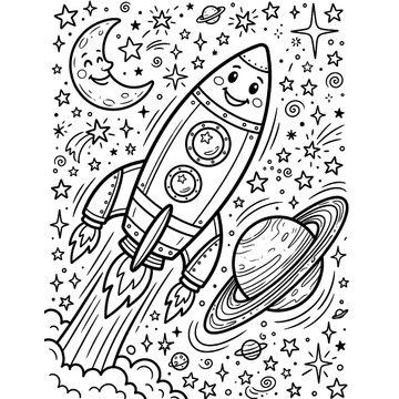 Rocket past the planets coloring page for kids