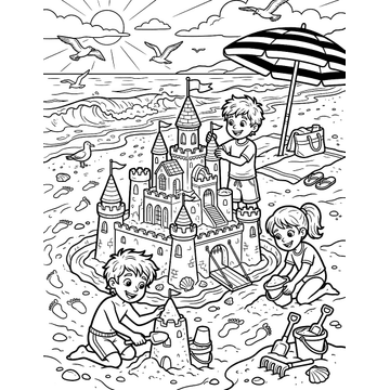 Sandcastle on the beach coloring page for kids