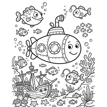 Submarine in the deep sea coloring page for kids