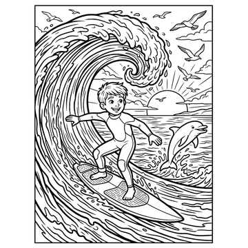 Surfing a big wave coloring page for kids