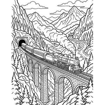 Train through the mountains coloring page for kids