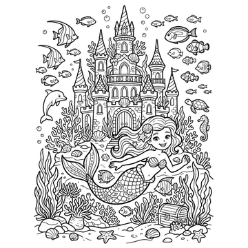 Underwater mermaid castle coloring page for kids
