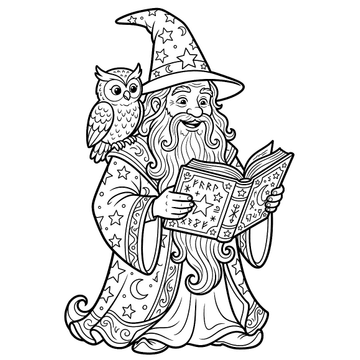 Wizard and owl apprentice coloring page for kids