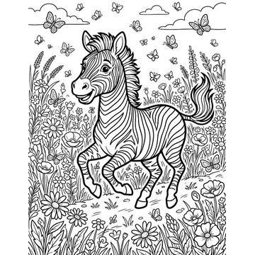 Zebra in a wildflower field coloring page for kids