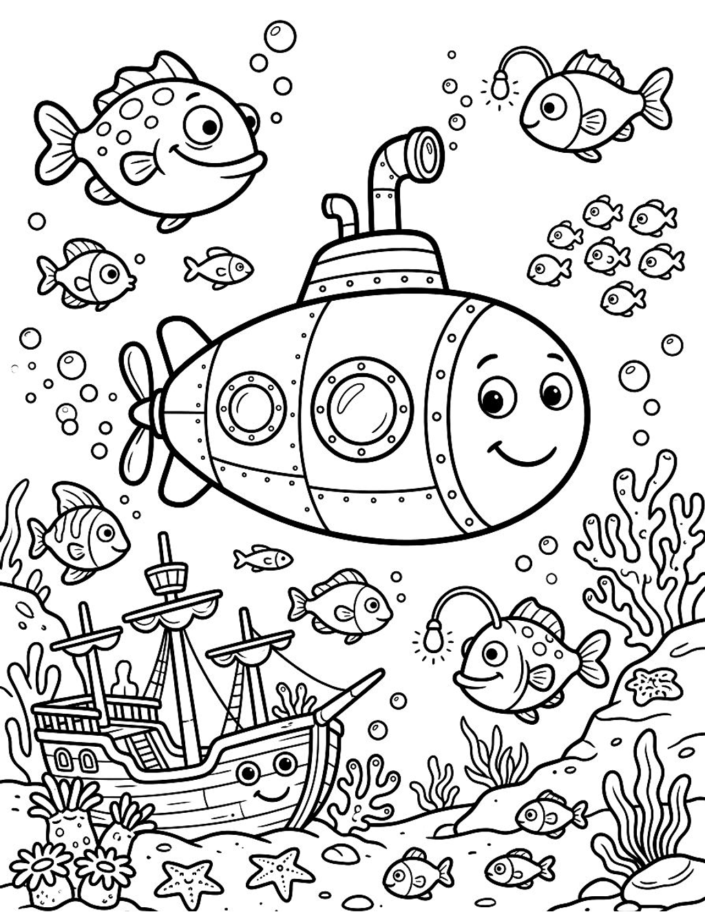 Submarine in the deep sea coloring page for kids