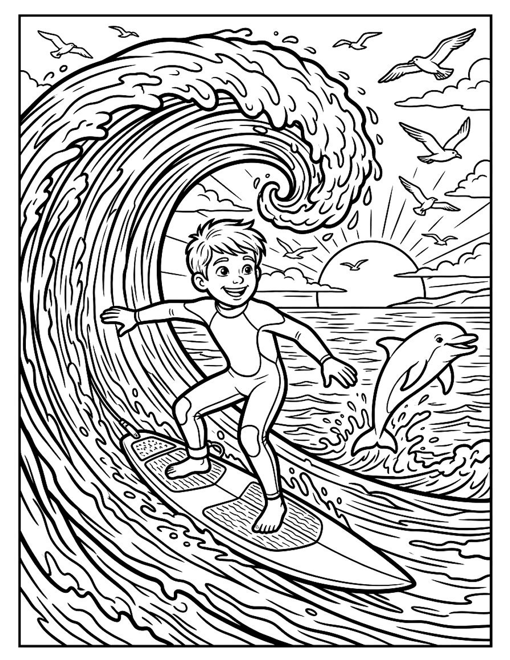 Surfing a big wave coloring page for kids