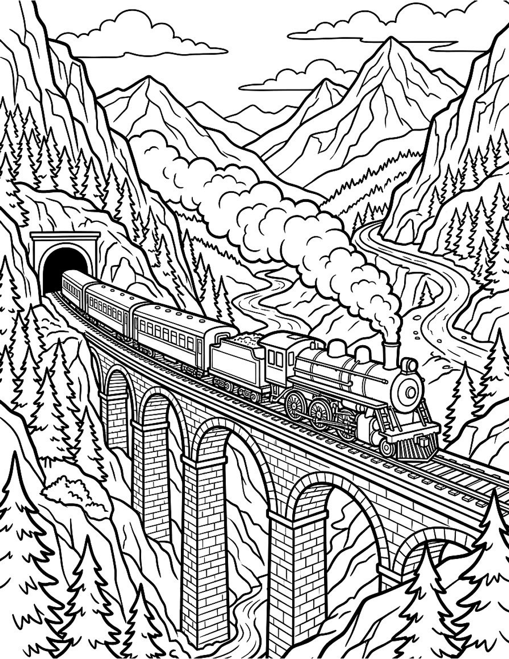 Train through the mountains coloring page for kids