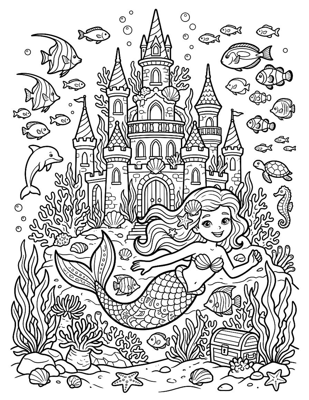 Underwater mermaid castle coloring page for kids