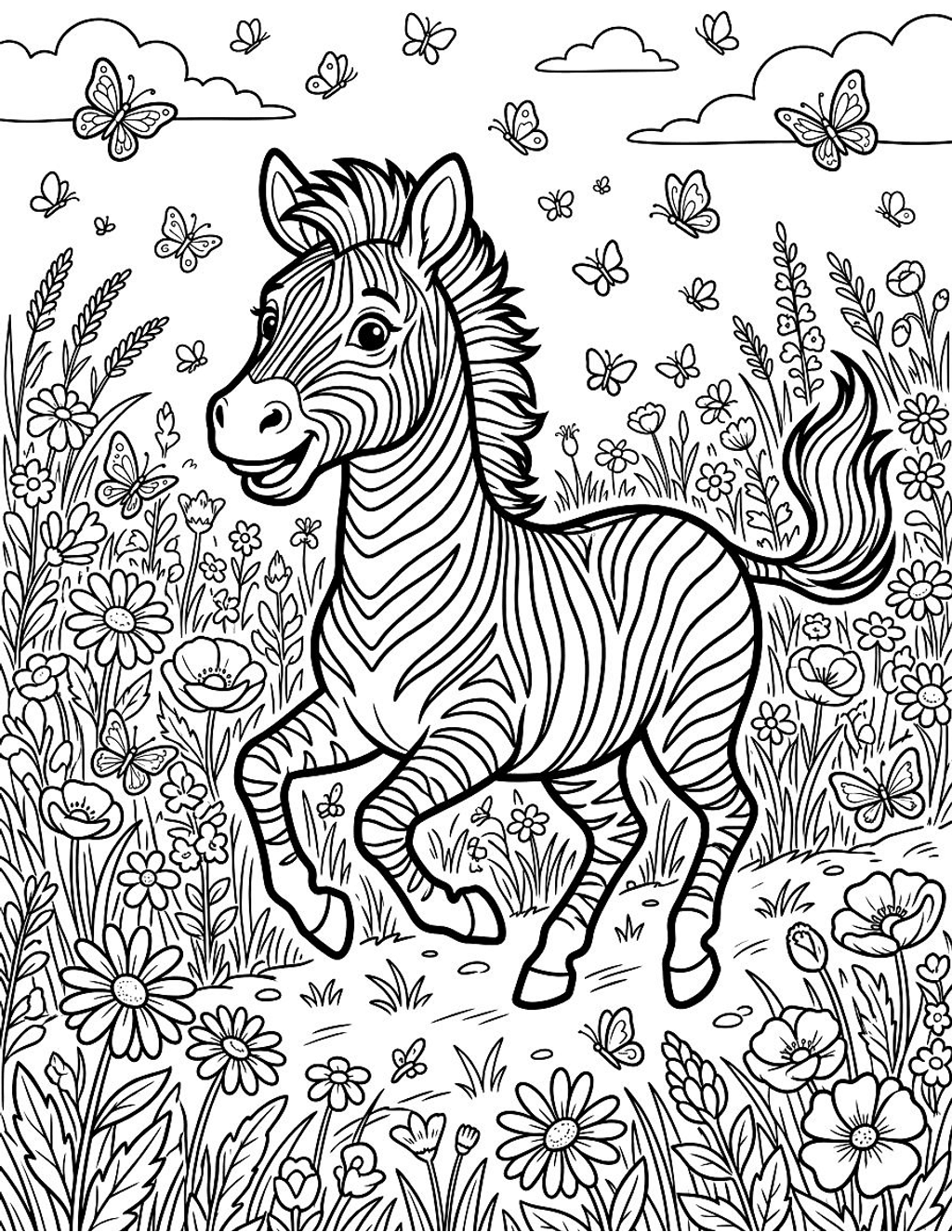 Zebra in a wildflower field coloring page for kids