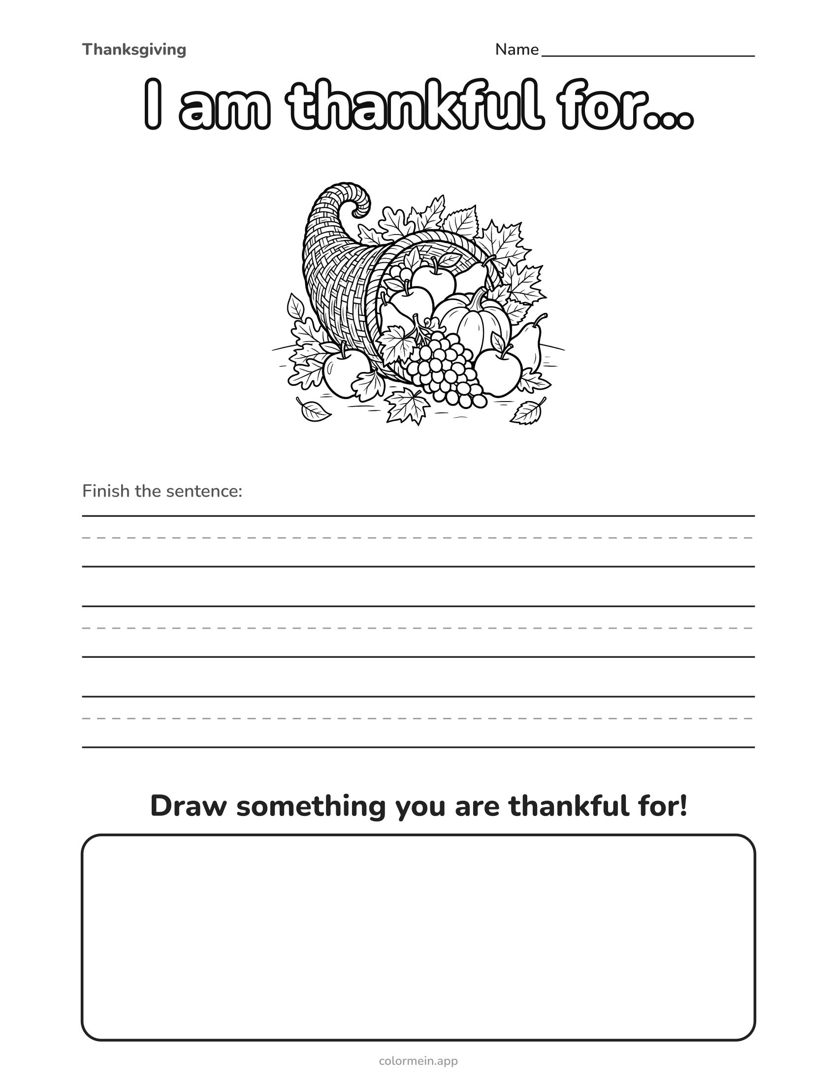 “I am thankful for” Thanksgiving worksheet with a cornucopia to color, handwriting lines and a box to draw in