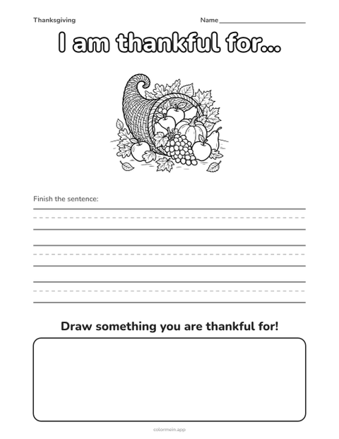 “I am thankful for” Thanksgiving worksheet with a cornucopia to color, handwriting lines and a box to draw in