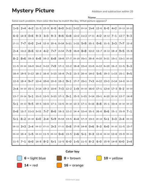 Addition and subtraction within 20 color-by-number worksheet that reveals a autumn leaf