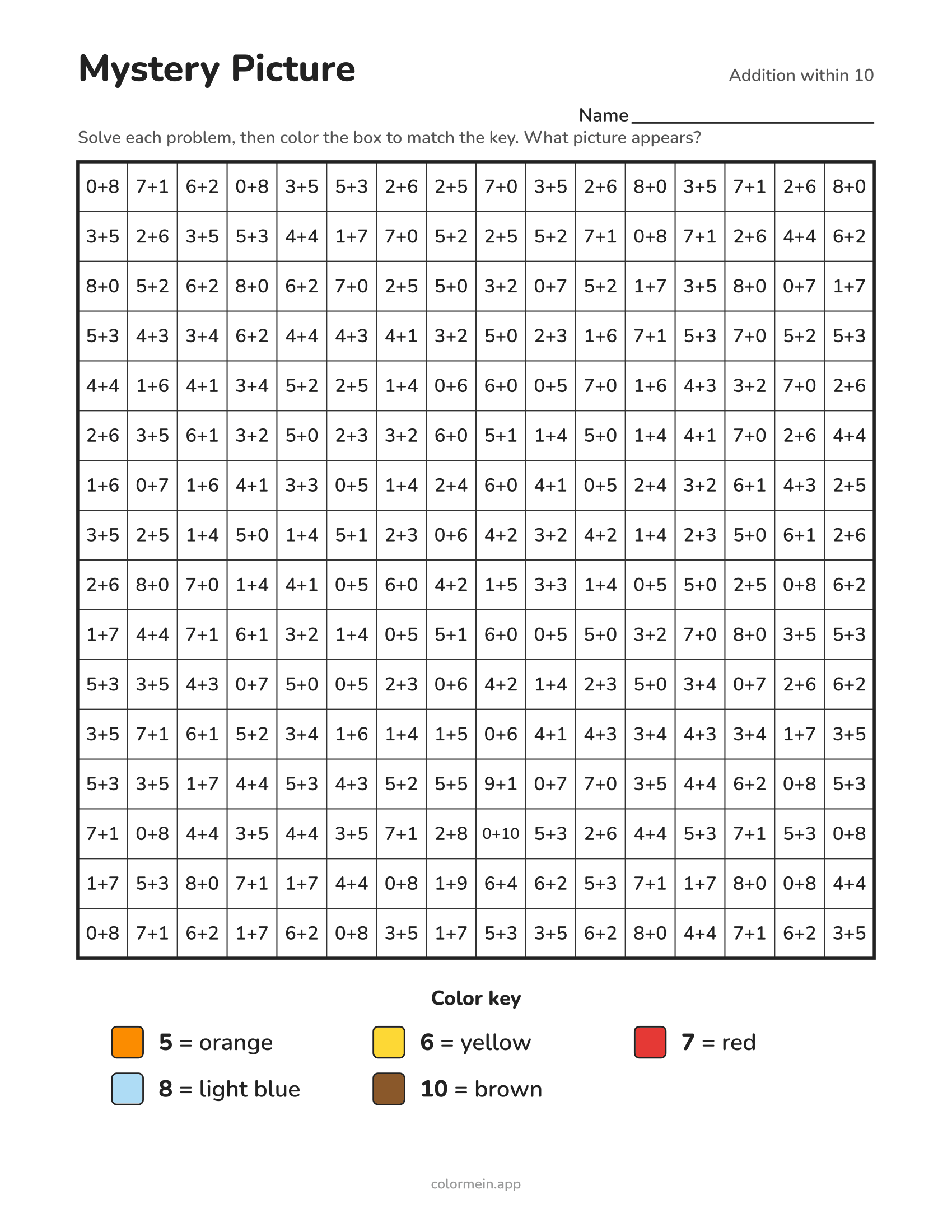 Addition within 10 color-by-number worksheet that reveals a autumn leaf